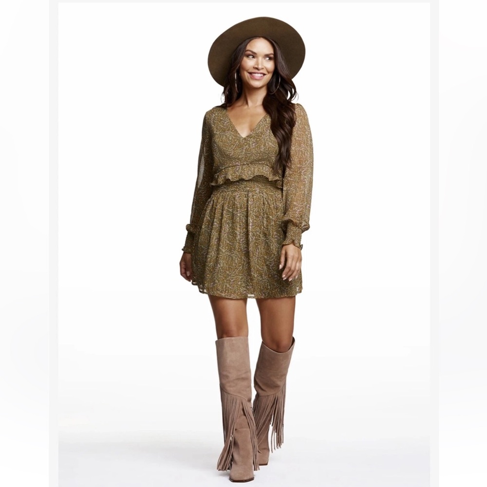 Jessica Simpson Alora Mini Dress Olive Green & Gold Shimmer Ruffle Babydoll L